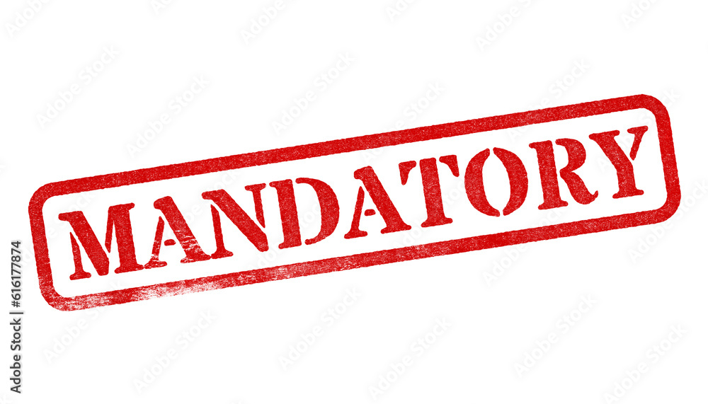 Mandatory red rubber stamp isolated on transparent background with distressed texture effect