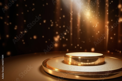 Round podium display for product design. Gold stage with spotlight, black bokeh background