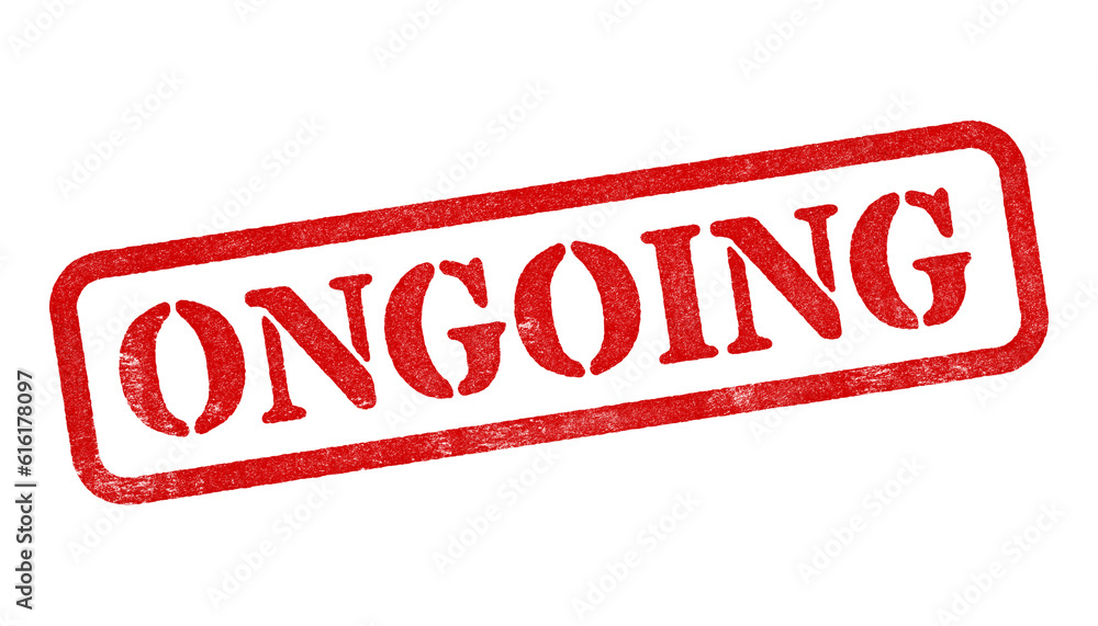 Ongoing red rubber stamp isolated on transparent background with