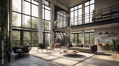 An expansive living space. Geometric shapes, innovative materials, and large windows that allow for an abundance of natural light. Generative AI