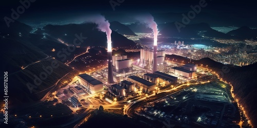 Top view of a power plant at night  its lights twinkling like stars against the dark landscape   concept of Energy production infrastructure  created with Generative AI technology