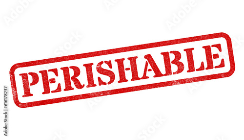 Perishable red rubber stamp isolated on transparent background with distressed texture effect