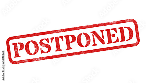 Postponed red rubber stamp isolated on transparent background with distressed texture effect photo