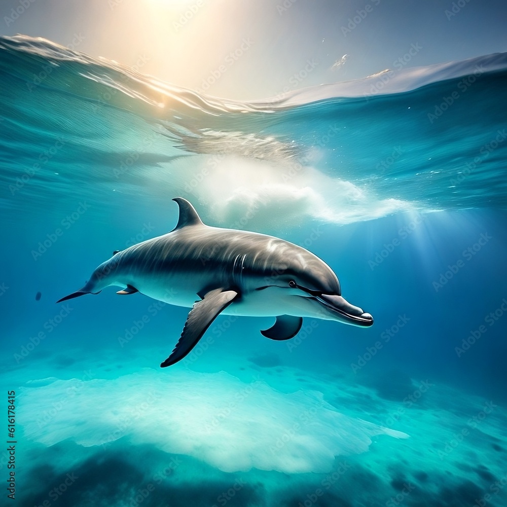 Fototapeta premium A dolphin swimming underwater created with generative AI