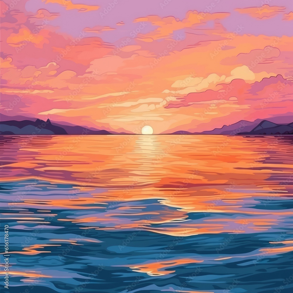Wonderful sunset colors over calm water. (Illustration, Generative AI)