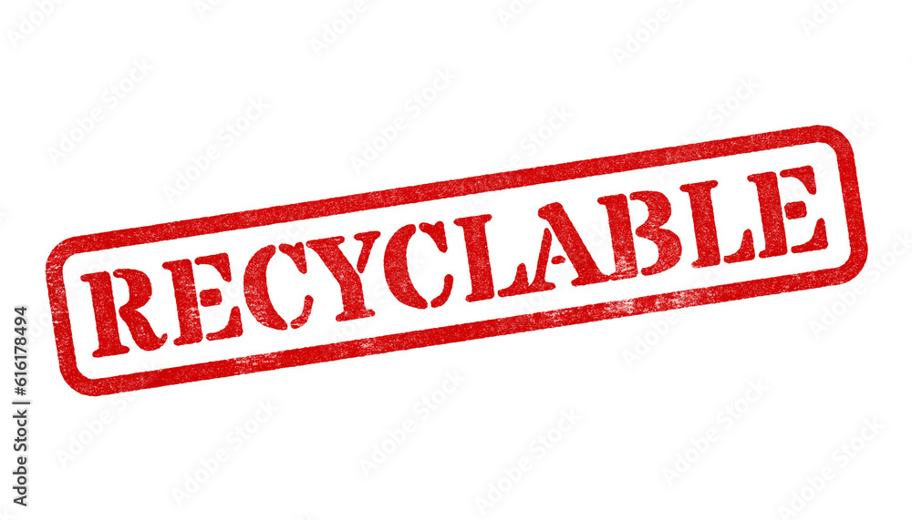 Recyclable red rubber stamp isolated on transparent background with distressed texture effect Recyclable red rubber stamp isolated on transparent background with distressed texture effect