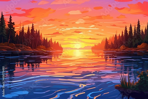 Wonderful colors reflect on calm lake water at sunset. (Illustration, Generative AI)
