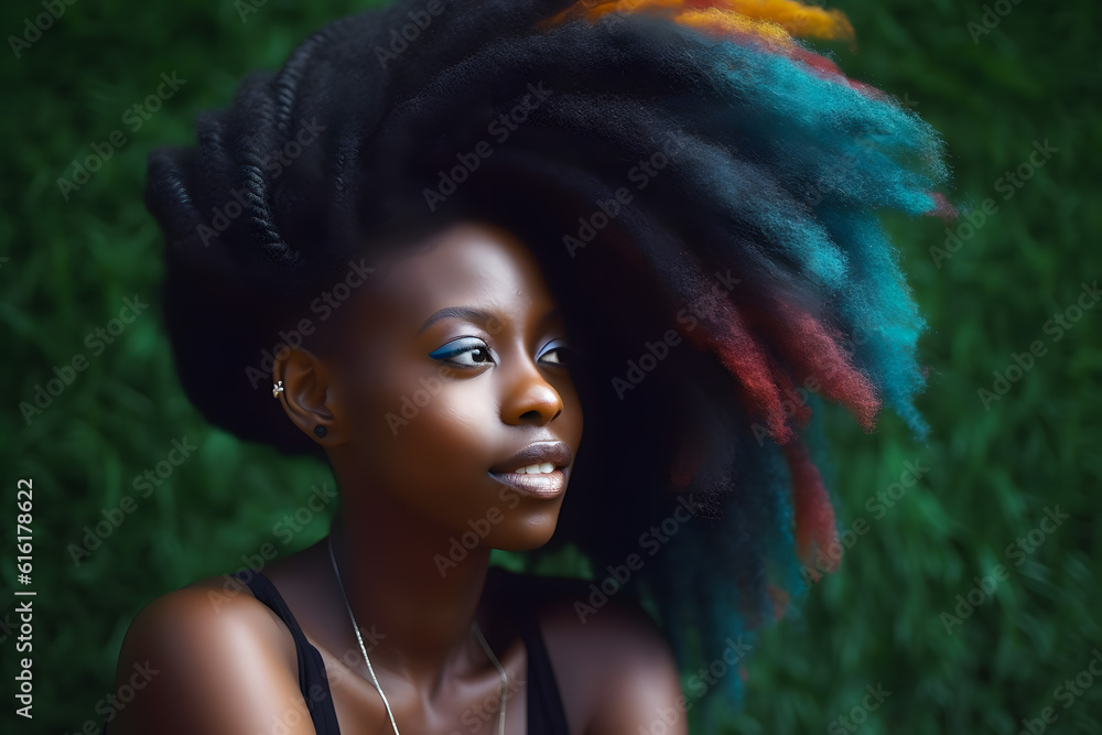 Fototapeta premium Portrait of young black african american beautiful girl woman with long length fluffy flowing hair. Model with perfect Healthy Dyed Hair. Rainbow Hairstyles. Generative AI.