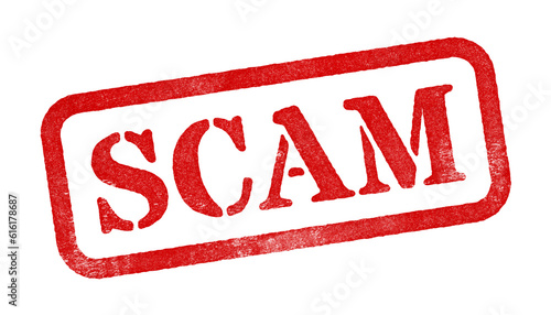 Foto Scam red rubber stamp isolated on transparent background with distressed texture