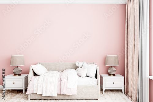 Blank wall mockup in kids room interior and pink background
