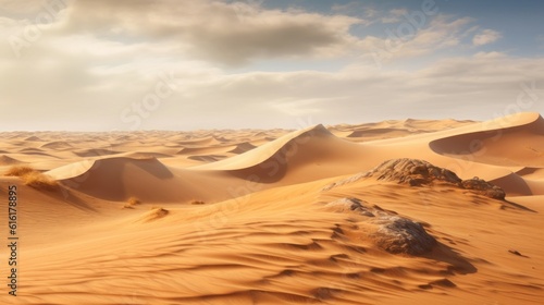 A vast landscape of desert, sand dunes and striped sky. Created with Generative AI. 
