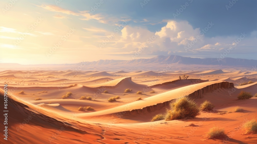 A vast landscape of desert, sand dunes and striped sky. Created with Generative AI.
