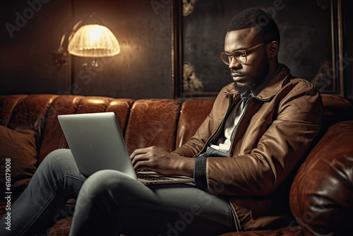Overnight work, Tired and stressed American black man sitting on sofa, in cafe at home and working on laptop. Bored female working during the late evening, night. Generated Ai