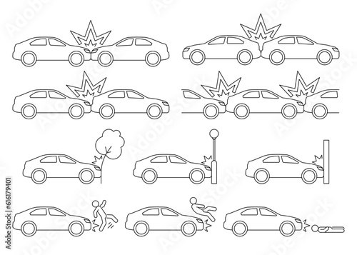 Car crash, accident of transport, line art icon set. Collision with an obstacle tree, lantern, wall, person. Knock down pedestrian. Frontal and back collision. Vector outline