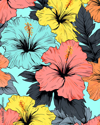 Vintage Hibiscus Flower Wallpaper or Background - With Black Outline in Pop Art Color Scheme - Tropical Floral Background - Generative AI