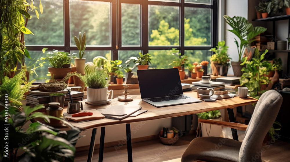 A cozy home office setup with a sleek modern desk, computer, notebook, coffee cup, and indoor plants. Natural light pouring from a window in the background