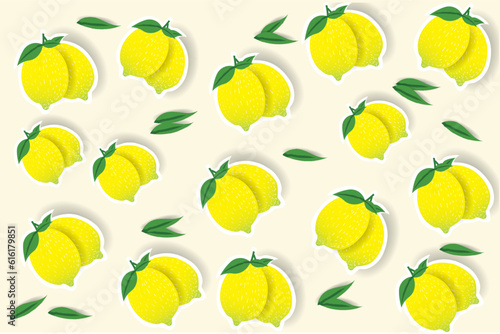 background, sticker of two lemons and their leaves