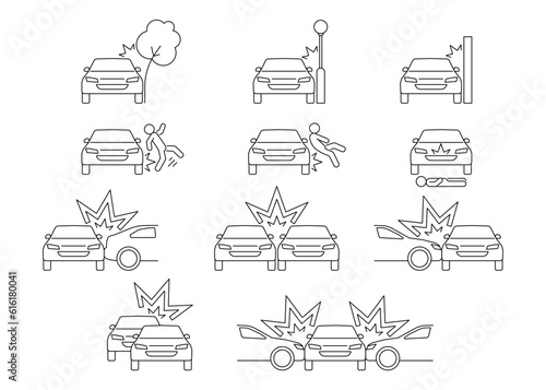 Car crash, accident of transport, line art icon set. Collision with an obstacle tree, lantern, wall, person. Knock down pedestrian. Frontal and back collision. Vector outline