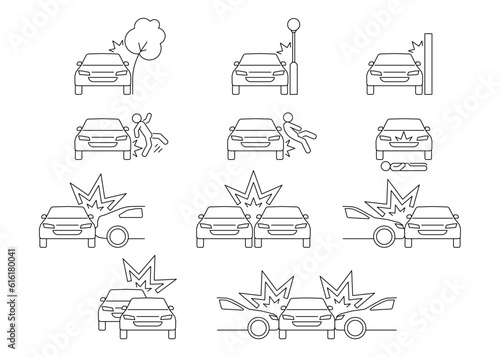 Car crash, accident of transport, line art icon set. Collision with an obstacle tree, lantern, wall, person. Knock down pedestrian. Frontal and back collision. Vector outline photo