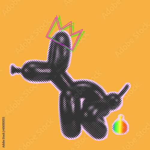 Pooping dog, pop art style illustration in bright neon rainbow colors, with halftone dot background, doodle elements

