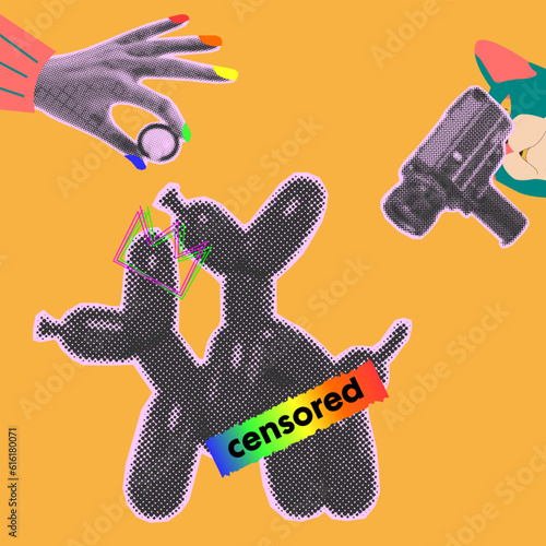 Making love dogs, giving condom hand and cat paparacy. save sex,  Vintage collage with rainbow elements
