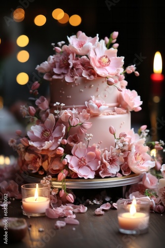 Illustration of a beautiful wedding cake adorned with pink flowers and candles created with Generative AI technology