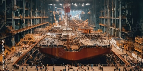 Top view of a busy shipbuilding hangar, skeletal frames of massive vessels taking shape under the hands of skilled workers, concept of Maritime Industry Growth, created with Generative AI technology