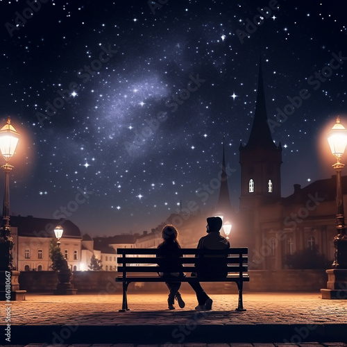 A couple in love is sitting together at night enjoying the view of the night sky. A lively night sky with the presence of the moon and stars. 