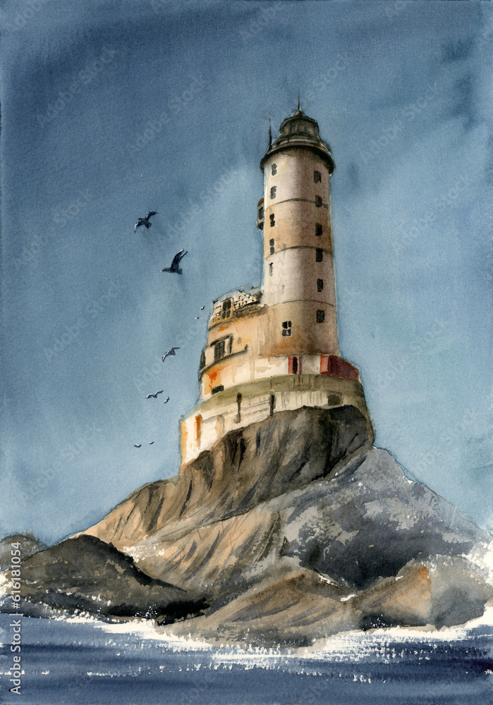  Watercolor picture of the Aniva cape lighthouse on the rocky island with blue sky and seagull 