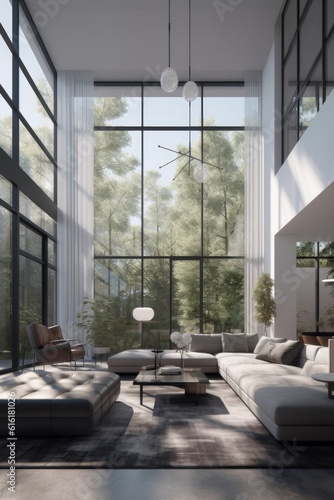 An expansive living space. Geometric shapes, innovative materials, and large windows that allow for an abundance of natural light. Generative AI © piai