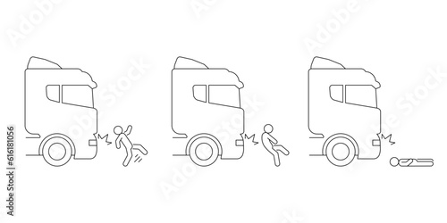 Car truck crash with people pedestrian, accident of transport, line art icon set. Collision with an obstacle person. Knock down pedestrian. Vector outline