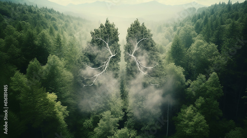 Shape of lungs in middle of forest with a view from above. Concept of nature protection, cleanliness. ,generative AI © saranya