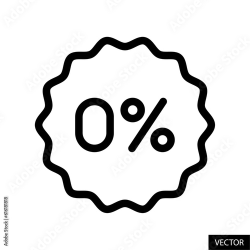 Zero percent, 0% tag, badge, sticker, label vector icon in line style design for website, app, UI, isolated on white background. Editable stroke. Vector illustration.