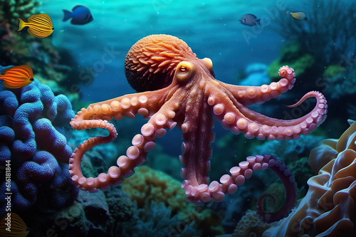 Majestic Encounters Octopus in the Vibrant Coral Reef of the Underwater Sea World. created with Generative AI