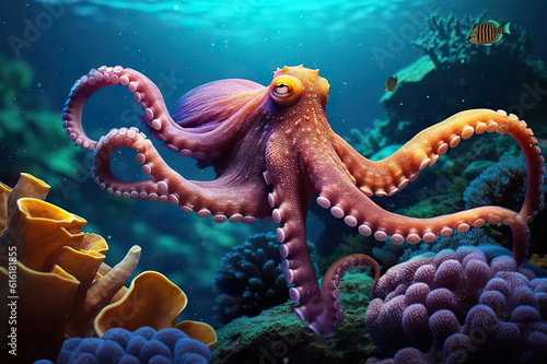 Majestic Encounters Octopus in the Vibrant Coral Reef of the Underwater Sea World. created with Generative AI © photobuay