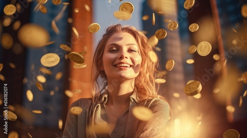 Photo of a woman admiring a pile of shiny gold coins