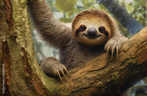 Small sloth sitting on a tree in the jungle.
