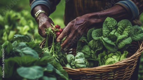 Photo of a person harvest and holding a basket full of fresh vegetables in a farm field