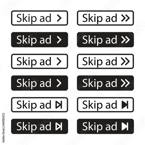 Skip ad button set. Skip advertisement icon set.