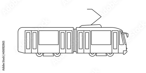 Tram for moving around city, public transport tramway model coloring line icon. Passenger transport. Side view. Vector