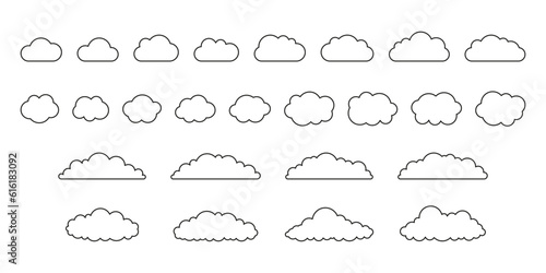 Cloud shape on sky set, weather line icon. Simple flat style of different clouds. Graphic element collection for web and print. Vector outline