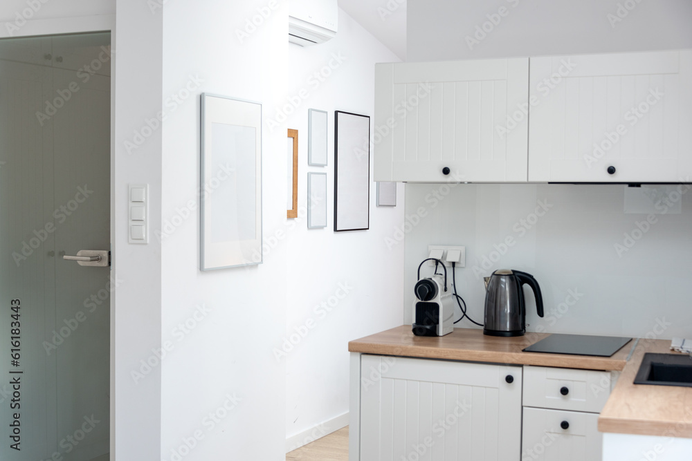 Fototapeta premium Interior design of modern trendy white kitchen and studio living room in minimalistic scandinavian style. Rent of modern flat or sale of a new apartment, modern home renovation. 