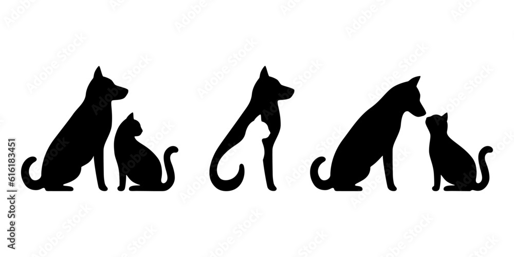 Dog and cat black profile silhouette set. Pets sit together, side view isolated on white background. Design for veterinary clinic, shop, animal business. Vector
