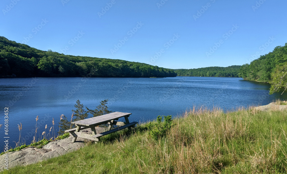 picnic table at lake sebago in harriman state park (seven lakes, new york state, rockland county) 7 lakes drive, blue water, landscape, travel, adventure, scene, scenic