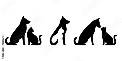 Dog and cat black profile silhouette set. Pets sit together, side view isolated on white background. Design for veterinary clinic, shop, animal business. Vector
