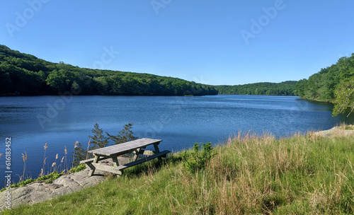 picnic table at lake sebago in harriman state park  seven lakes  new york state  rockland county  7 lakes drive  blue water  landscape  travel  adventure  scene  scenic