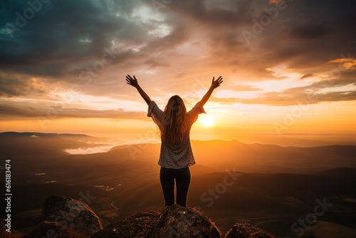 Happy cheering celebrating success woman at beautiful sunset above the clouds. Girl enjoying view of colorful sunset with arms raised up towards the sky
