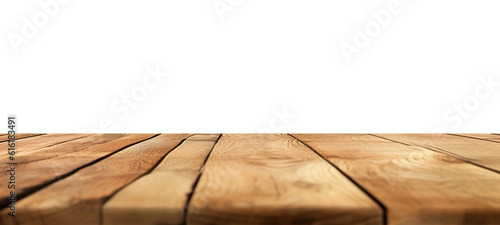 Empty wooden table top on transparent background.