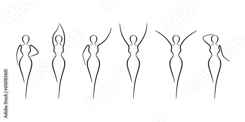 Woman body sketch, line art icons set. Various female pose outline silhouettes, model, figure. Abstract sign of girl for wellness center, sport, dance, beauty salon, spa. Vector illustration