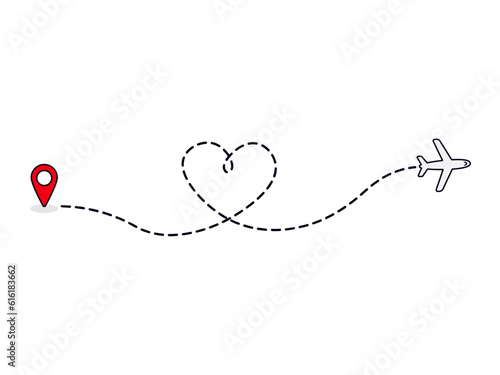 Airplane line path icon. Vector illustration of air plane flight route with heart shape